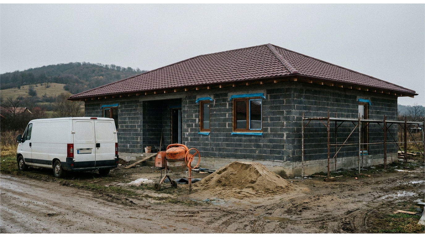 Casă parter în construcție, pregătită pentru izolare completă